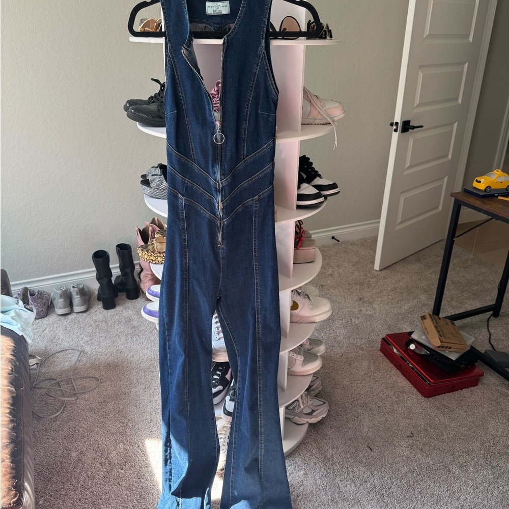 Denim Jumpsuit with Zipper Detail